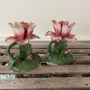 Candlestick Holders- Vintage-Pair- Flower- Candleholders- Pink Candleholders- Pottery