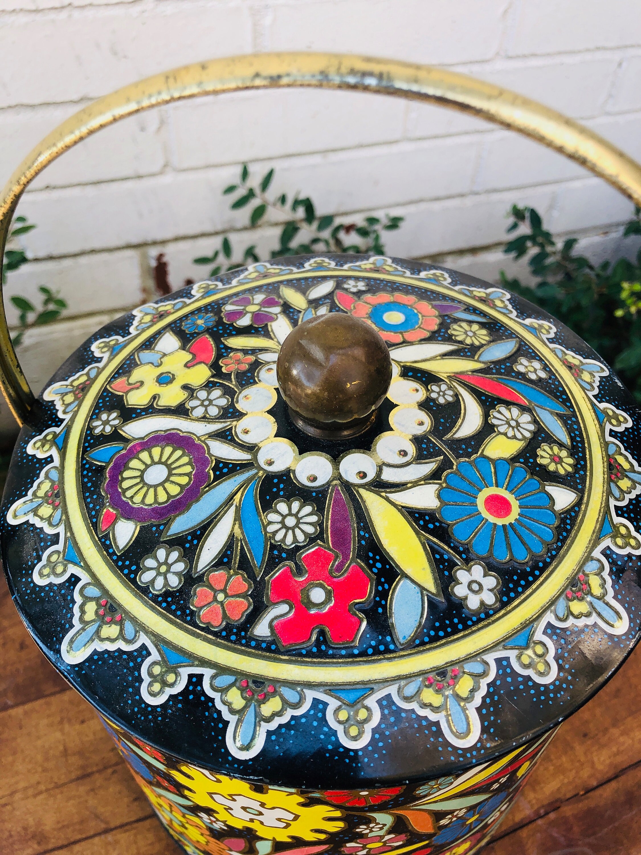 Vintage Tin Can With Lid and Handle Floral Brass Kitchen Etsy