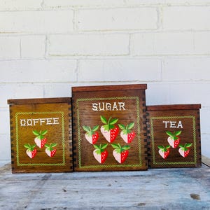 Vintage Strawberry Wood Canisters - Kitchen Canisters- Fruit- Strawberry- MCM- Square Canisters- Coffee- Tea- Flour- Sugar- Set of Four
