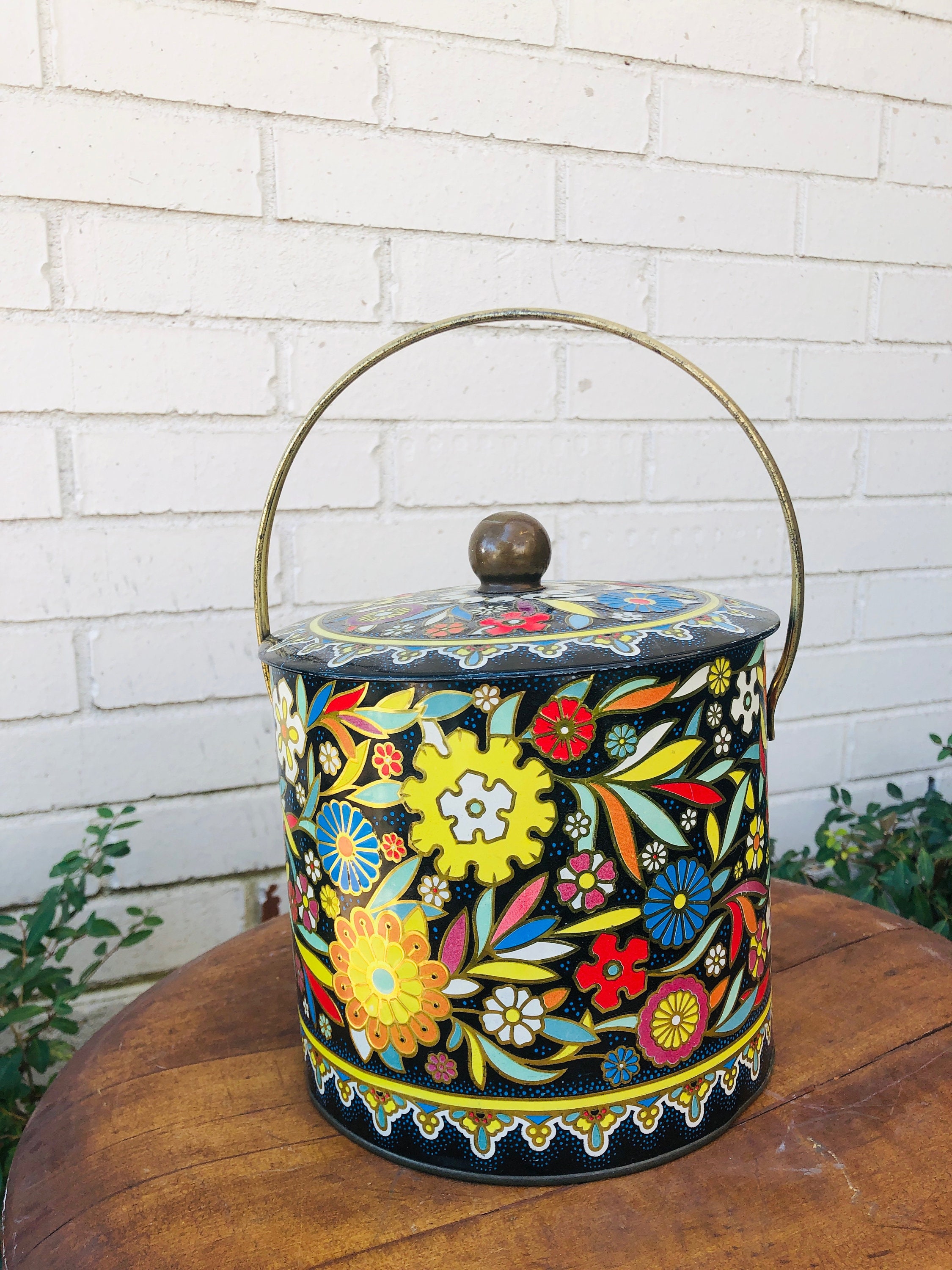 Vintage Tin Can With Lid and Handle Floral Brass Kitchen Etsy