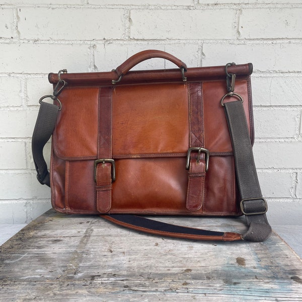 Vintage Brown Leather Satchel- Leather Bag- Vintage Briefcase- Leather Crossbody