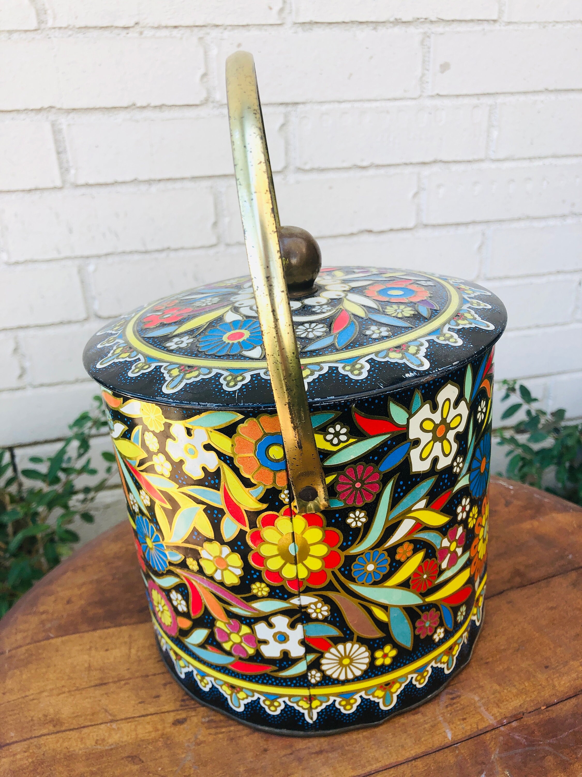 Vintage Tin Can With Lid and Handle Floral Brass Kitchen Etsy