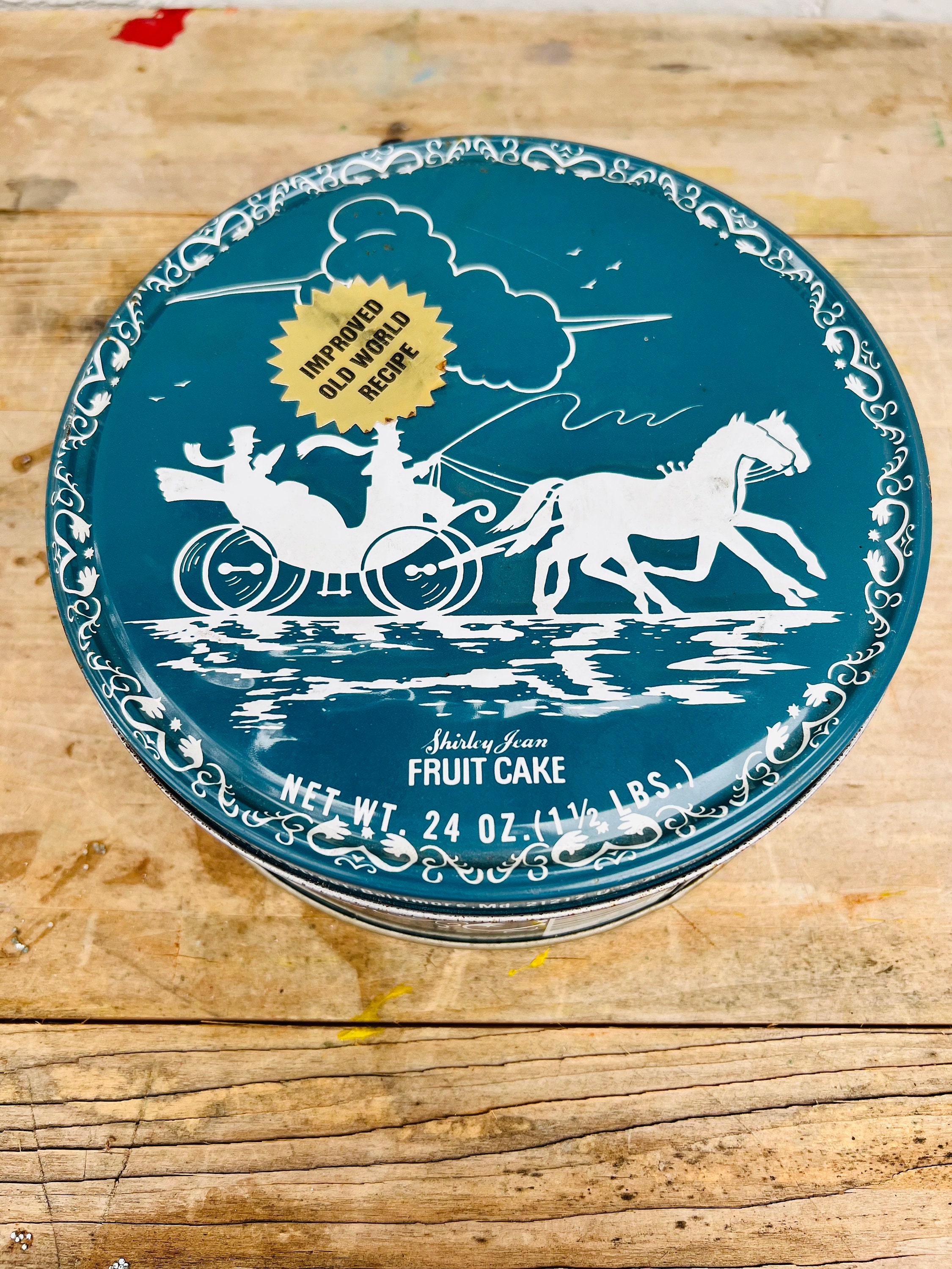 Vintage Round Tin- Fruitcake- Kitchen Decor- Christmas- Horse and