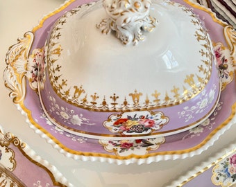 Antique Worcester China Set – Victorian Hand-Painted Floral Porcelain, 28 Piece