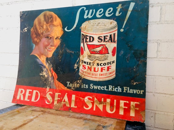 Vintage Sign - Red Seal Snuff - 1920's - Cardboard- Sweet - Tobacco - Woman 