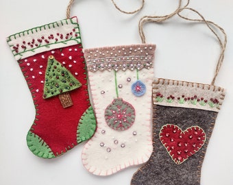Christmas hanging stocking ornament sewing pattern, PDF tutorial and pattern for stocking ornaments, pdf download, make your own xmas dec