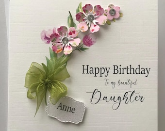 Handmade Flower Birthday Card for Daughter: Gem & Ribbon Detail
