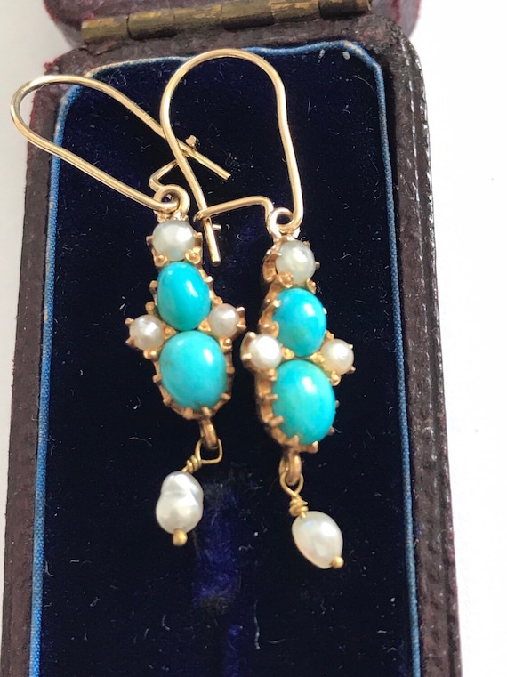 Antique Turquoise seed pearl & 15ct gold dangle ea