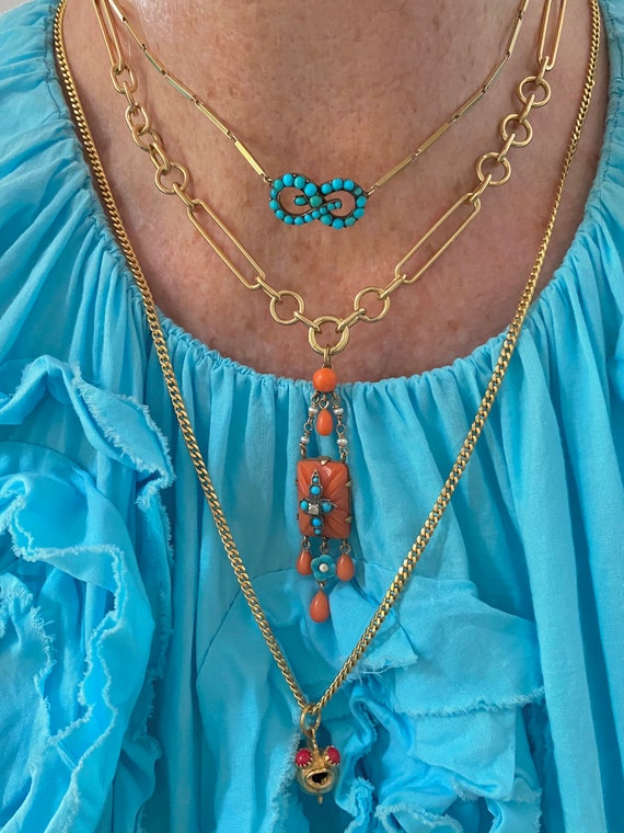 Coral, Turquoise & diamond with enamel, pendant se