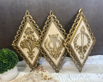 Vintage Homco Wall Plaques Set of Three White & Gold Wall Grouping