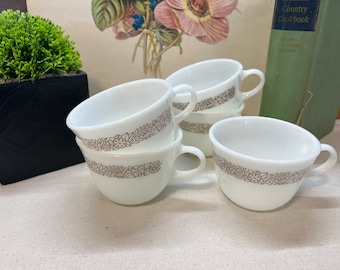 Pyrex Woodland Teacups Set of Five Milk Glass Brown Flowers