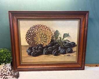 Fruit Still Life Picture Black Plums & Basket Wide Wood Frame - Etsy