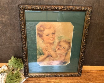 Antique Mother & Child Picture Matted and Framed