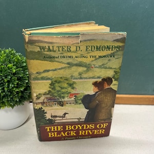 May include: A vintage book titled "The Boyds of Black River" by Walter D. Edmonds. The cover art depicts a couple embracing in a rural landscape. The book's spine and edges show signs of wear, indicating its age.