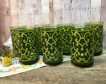 Vintage Set Drinking Glasses/Set of Seven/Green/Black/Retro/Mod