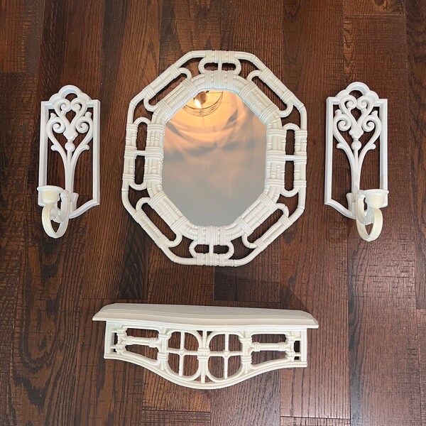 Mirror Shelf Sconce Set White Rattan Look Set of Four Pieces