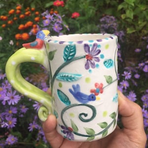 handmade ceramic Bird & Vine Garden Mug with tiny bird on handle