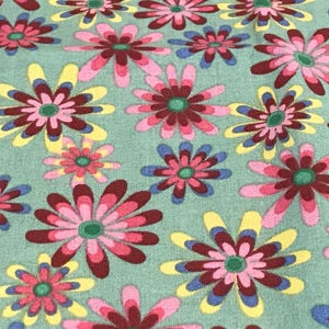 Floral Fabric, Pink, Blue, Yellow, Green Flowers on Green - 100% Cotton - 2 yard cut