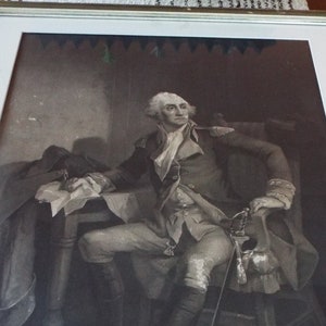 May include: A black and white portrait of George Washington in a military uniform, seated in a chair with a sword and a hat on the floor beside him.