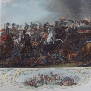 May include: A vintage print depicting a dramatic scene from the Battle of Waterloo. The Life Guards are shown charging into battle, with smoke and dust filling the air. The print is framed in a decorative border with ornate details.