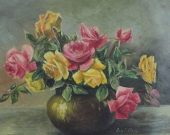 Extra large 26"x 32" Victorian floral oil on canvas painting roses in vase  still life Oil on canvas French country signed