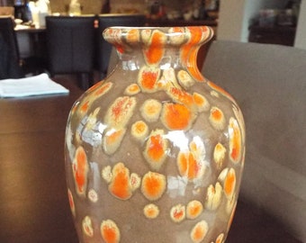 Mid century studio art pottery signed   vase Burnt orange fat lava splatter  glaze vase studio  pottery retro  USA vase MCM