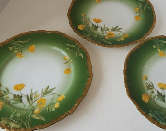 set of 3 Antique Limoges  porcelain  9" plates 22K  gold trim hand painted yellow flowers Tressemann & Vogt T V France  Depose bridal