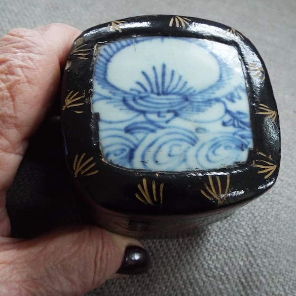 Chinese blue white porcelain shard  in a black lacquer hand painted box paper included of the history of shard
