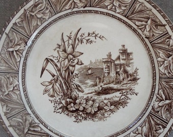 antique English  brown transferware Aesthetic movement 9.5" Daffodil plate WH Grindley Turnstall ironstone plate replacement