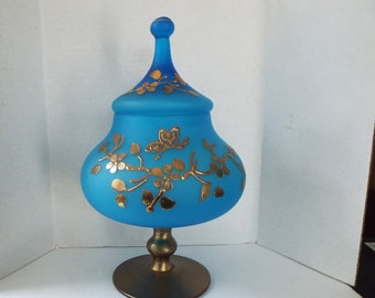 12"  Italian blue opaline apothecary jar applied gold gilt butterfly floral pedestal compote French opaline Murano Venetian hombre