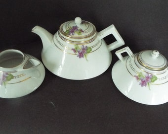 3 piece set  Art Deco tea set UNO Bavaria Favorite  porcelain teapot creamer sugar  gold trim purple violet hand painted German tea set