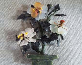 miniature Chinese carved jade quartz Bonsai  tree flower Ming tree 4.5" x 3.5"