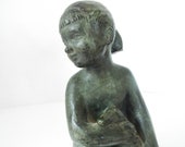 vintage Spanish art pottery Amphora nude girl with goose statue Verdigris finished Amphora Gerona Spain