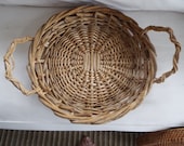 large round French hand woven wicker twig serving tray basket handles
