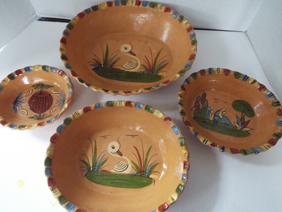 1930s vintage yellow with blue Cinco de Mayo decor very good conditio 2 pieces pair of bowls Armadillo designs, Fantasia Mexican pottery