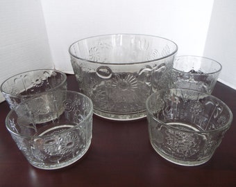 vintage set of 5 Iittala Finland glass serving bowl set Oiva Toikka Nuutajarvi floral design