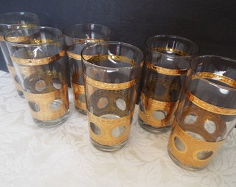 set of 6 West Virginia glass co. Pisa 22k gold crackle glasses MCM 1960s  bar glasses high ball  Hollywood Regency Culver Briard style