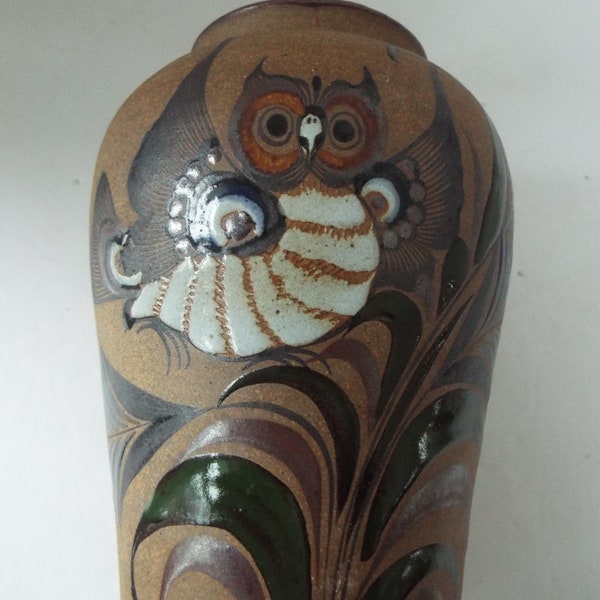 8" Mexican pottery Owl with fern  vase folk art Tacat  Tonala pottery vase hand painted signed