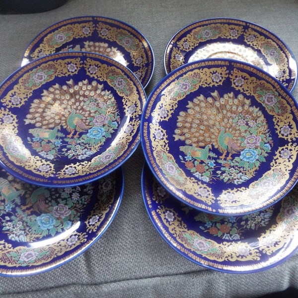 set of 6  Japanese Asian Kutani peacock saucer plates gold blue porcelain 5.5" small plate trinket  oriental porcelain