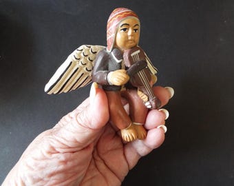 4"  Peru art pottery statue angel guitar player clay ornament sculpture  South America folk art terracotta Peru musician angel