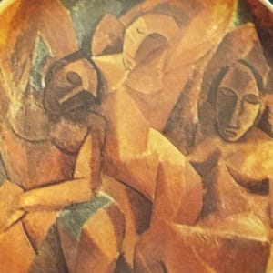 May include: A ceramic plate with a painting of three figures in a cubist style. The figures are nude and have brown skin tones. The background is a dark green and brown.