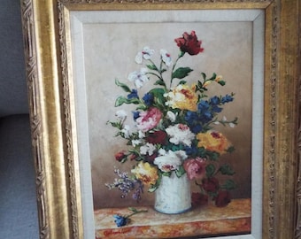 Maria Esther M. Colombier signed 18" x 22" impressionist still life oil floral roses painting on canvas  gold  frame Hollywood Regency