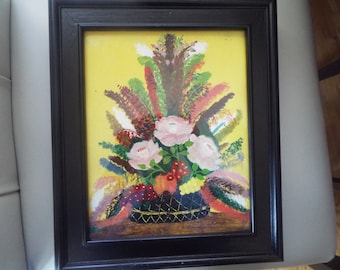 small American folk art mid century impressionist flower painting still life 12.5x 10.5" folk art