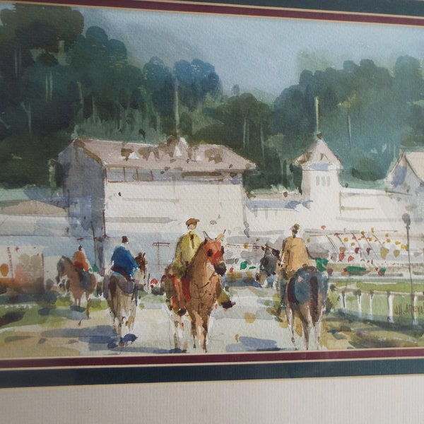 impressionist original horse racing watercolor painting race track horse derby signed Victor Hugo Arevalo Silva listed Chile artist