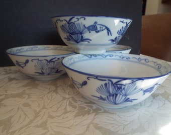 4 pieces Chinese blue white Koi carp rice soup noodle 6" bowls Chinoiserie carp bowl  Jingdezhen marked