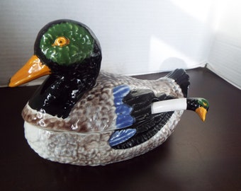 vintage Bordallo Pinheiro covered Mallard duck soup tureen with ladle majolica  duck bowl