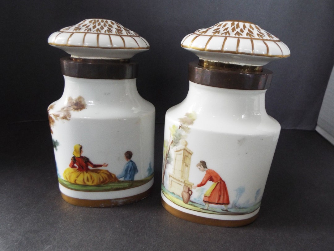 Pair Rare Antique 1850 Spanish Porcelain Tea Caddies Brass Mounts Hand