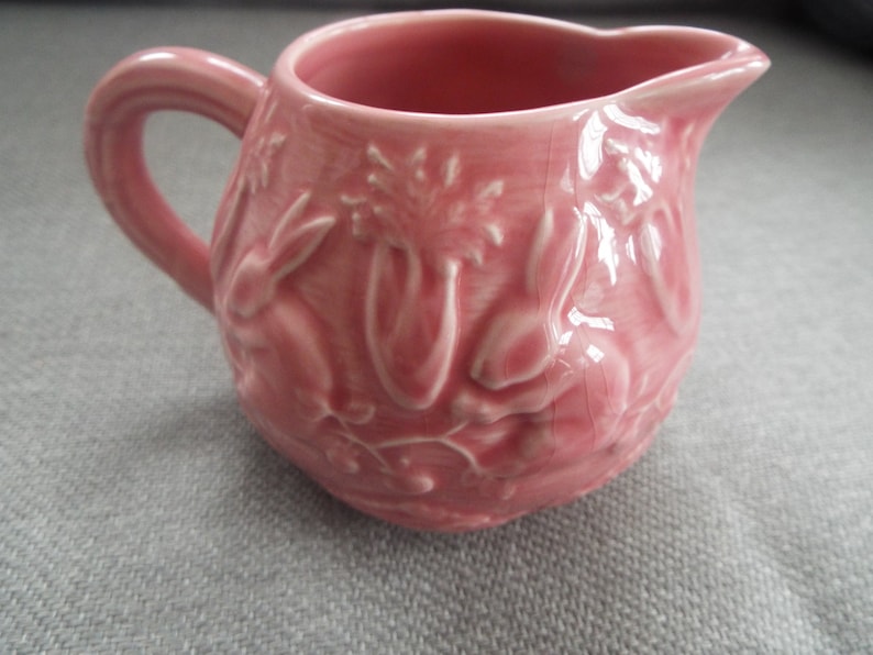 pink Majolica Bordallo Pinheiro Portugal pink creamer replacement Easter creamer rabbits image 2