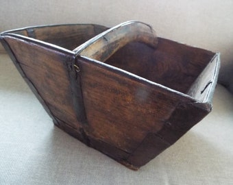 large 12&quot;  antique 19th c. primitive wooden carrier  rice grain basket Chinese basket  hand carved wood handles storage market basket