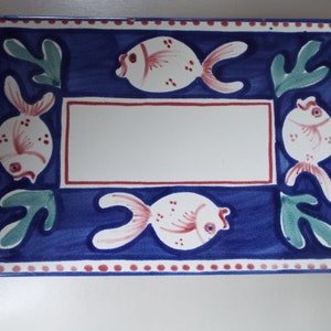 Vietri 12&quot; long  blue fish serving tile plaque Hot plate Italian Vietri Italy art pottery Vietri Compagna Solimene